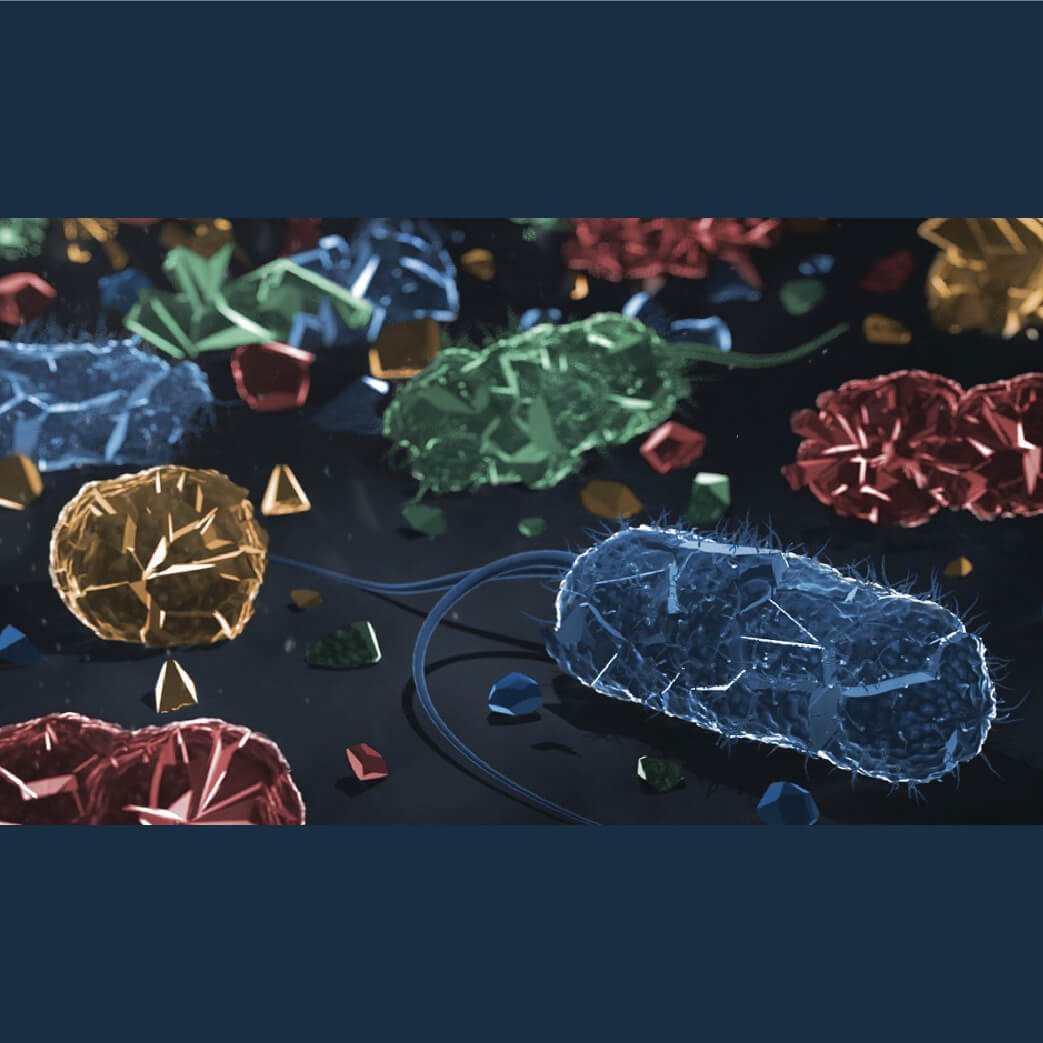 Colorful microscopic bacteria and microorganisms on dark background illustration