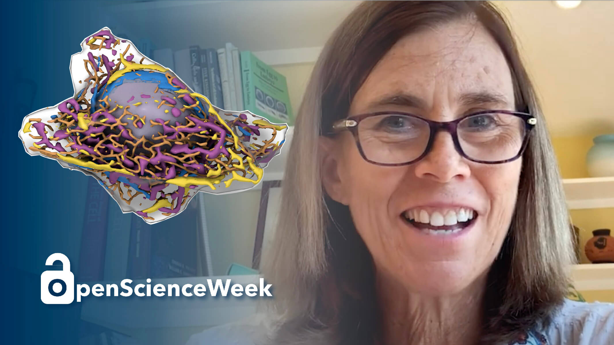 Woman with glasses smiling next to colorful 3D brain model, Open Science Week