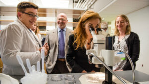Four professionals gathered around a desk examining documents in an office setting.