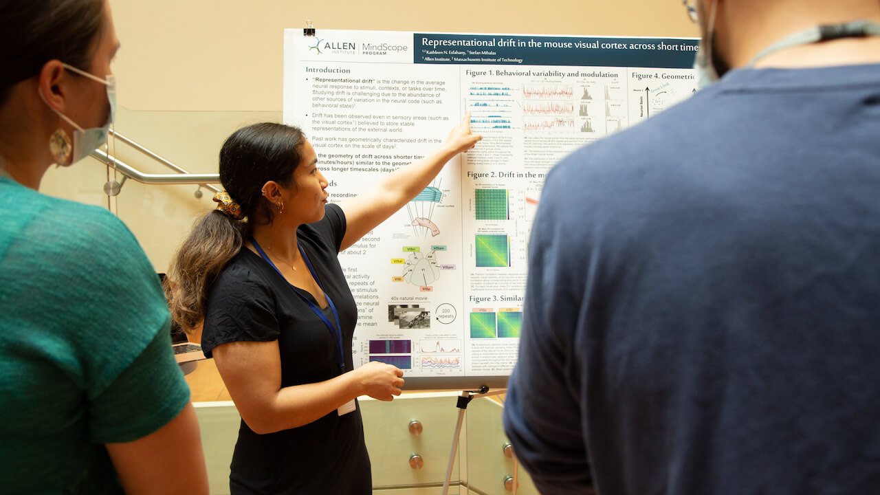 Researcher presents scientific poster on mouse visual cortex to two attendees at conference