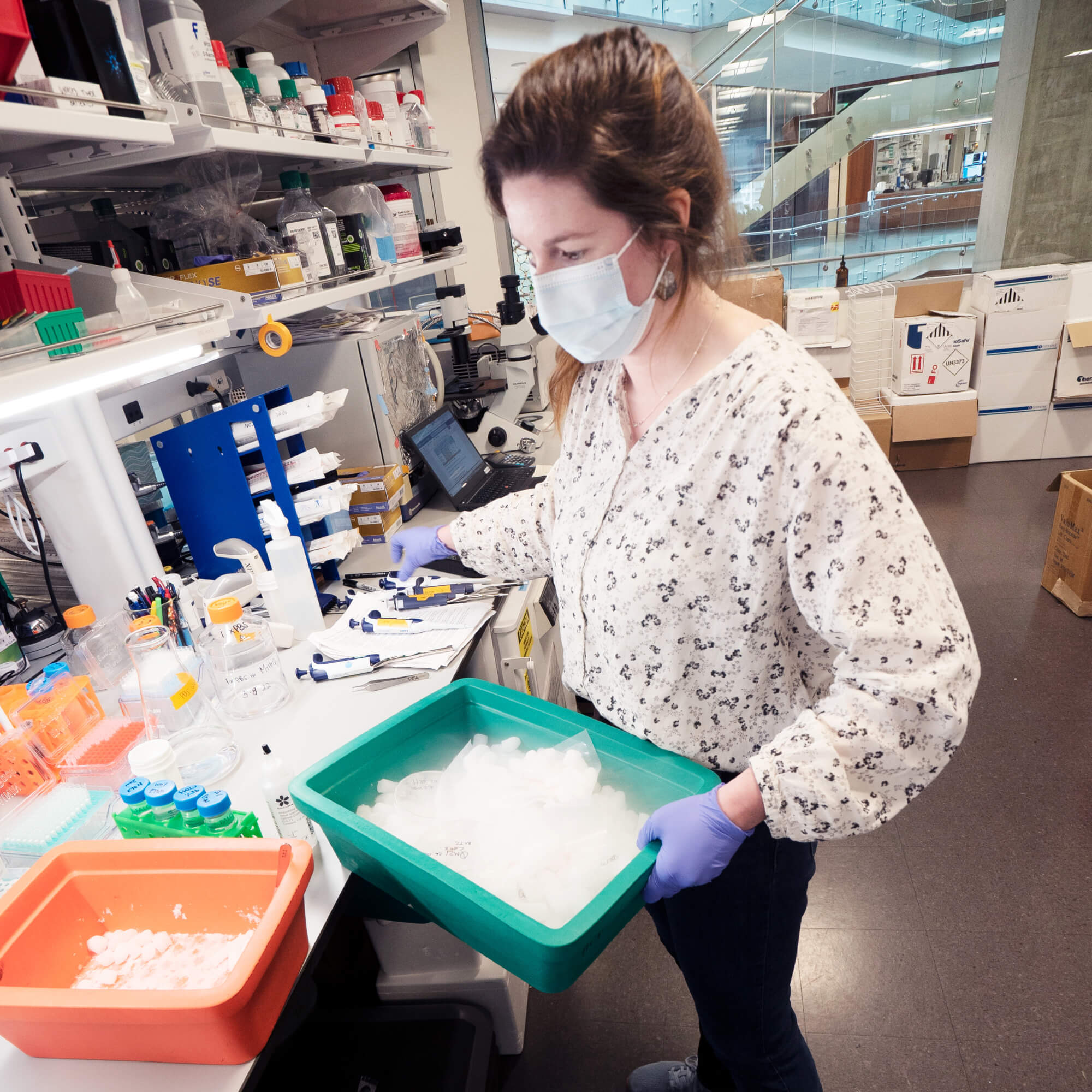 Scientist in lab coat and mask holding green tray with samples in research laboratory