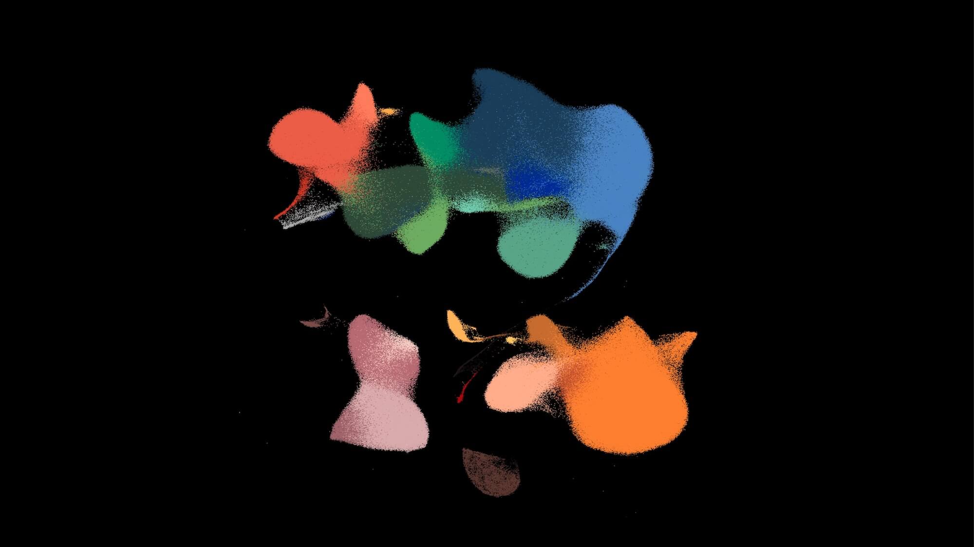 Colorful abstract animal shapes with grainy texture against black background