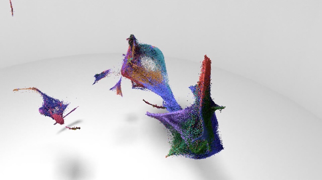 Colorful 3D point cloud visualization of geographic map with red, blue, purple, and green particles