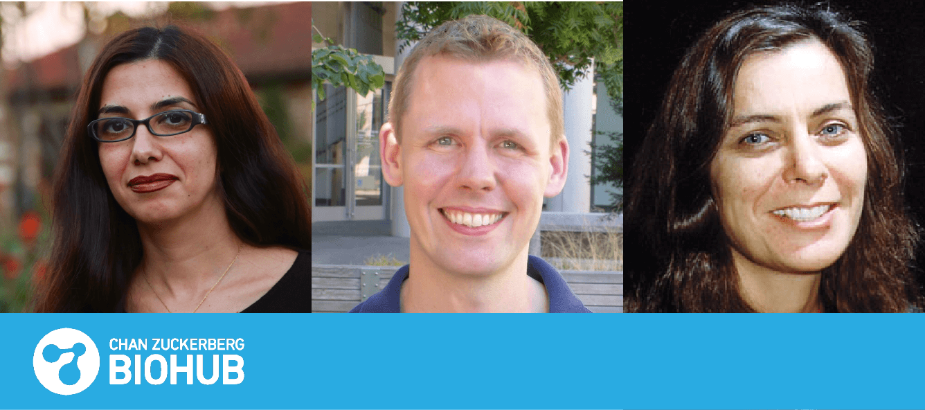 Three people smiling at camera with Chan Zuckerberg BioHub logo below