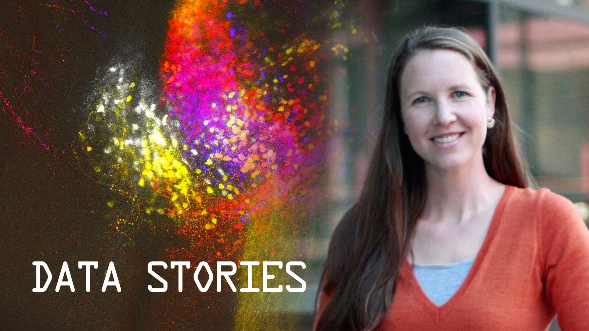 Woman in red cardigan next to colorful data visualization particles and "Data Stories" text