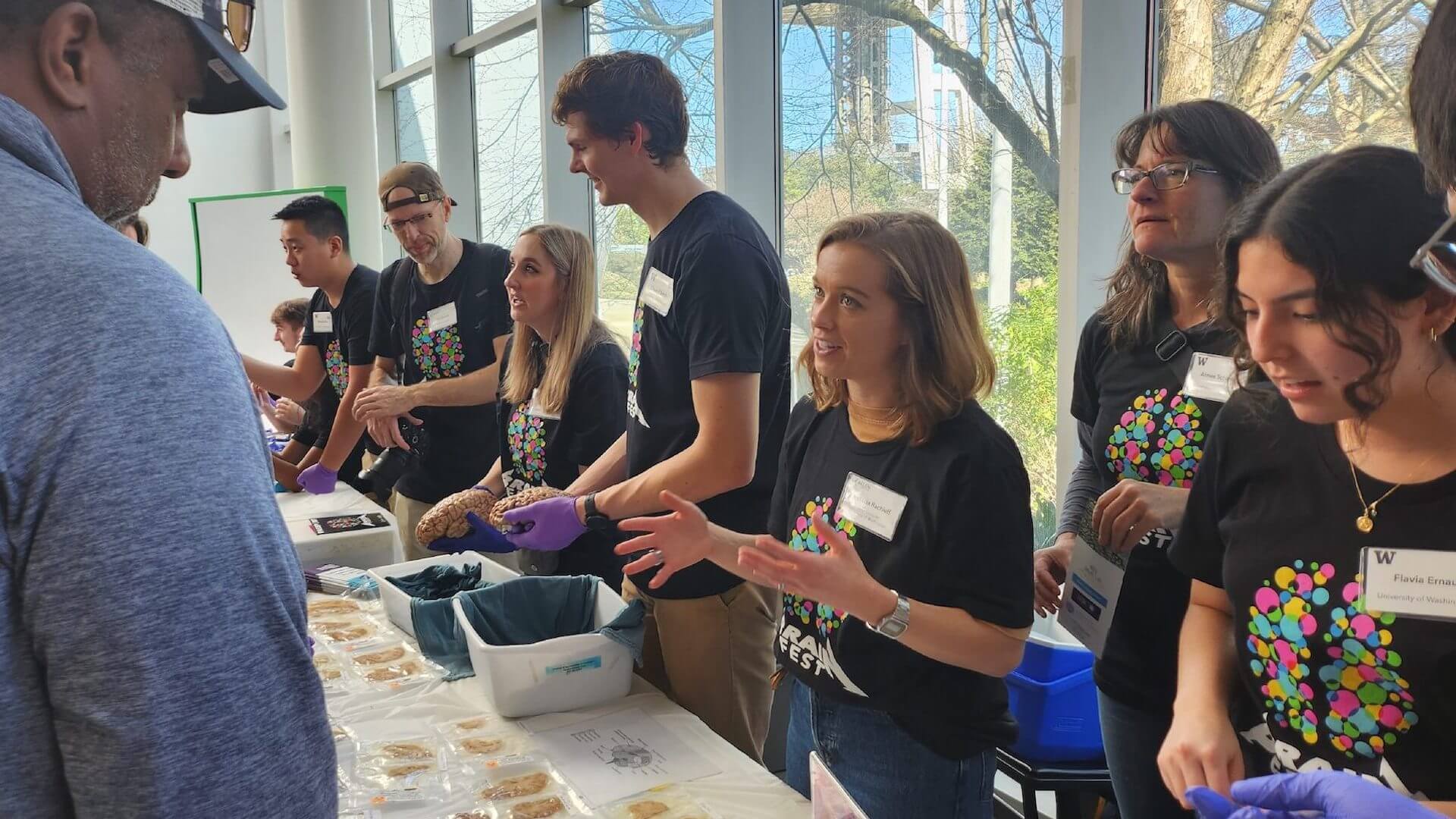 Group of people in black shirts handling colorful items at a sunny indoor event with windows.