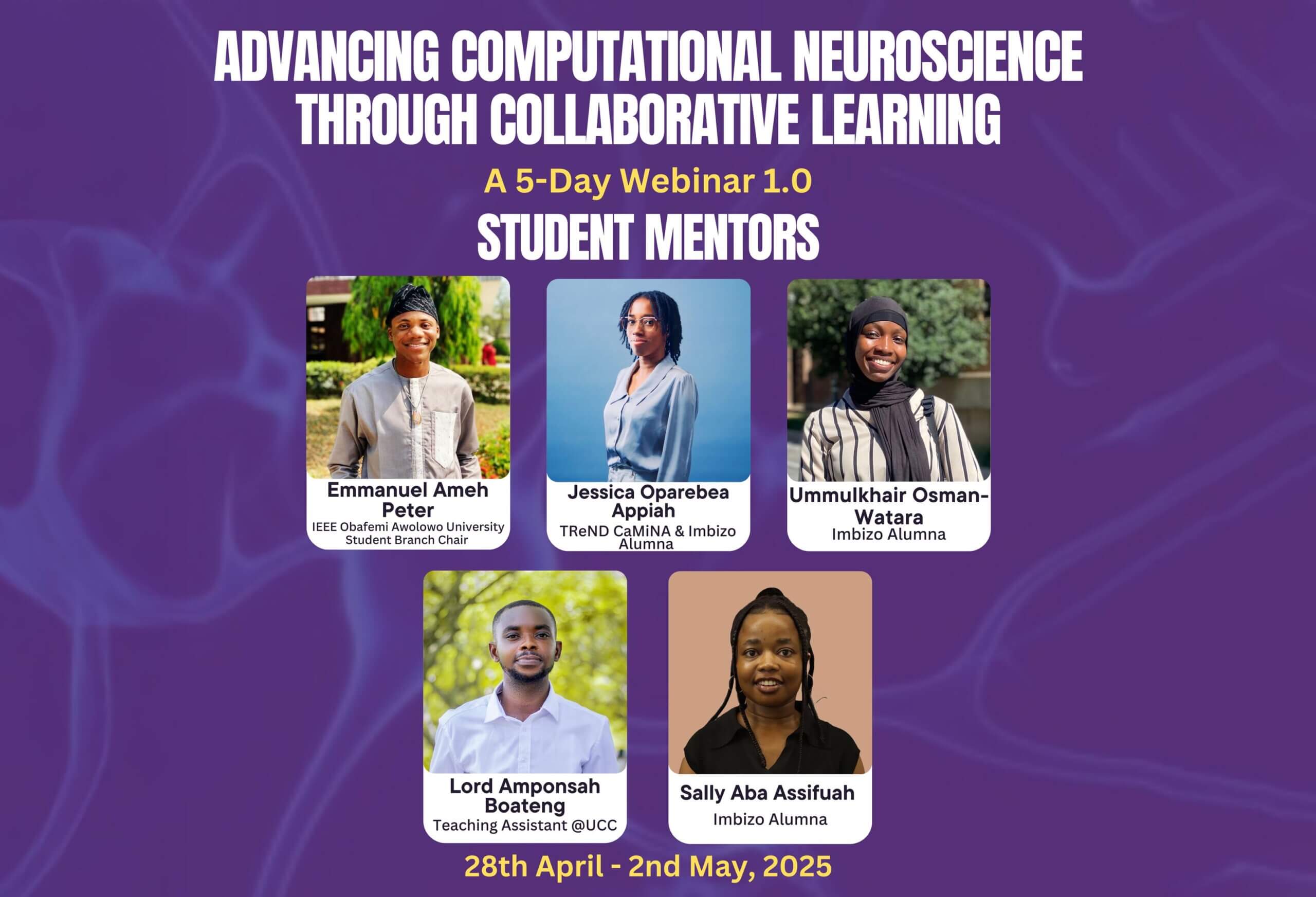Five student mentors for computational neuroscience 5-day webinar on purple background