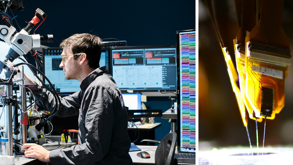 Audio engineer working at computer workstation with music production software and equipment setup.