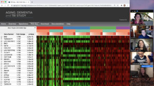 Neuroscientist and associate professor Elizabeth Glater (top right), co-instructors and students examine public online data from the Allen Institute’s Aging, Dementia and Traumatic Brain Injury study.