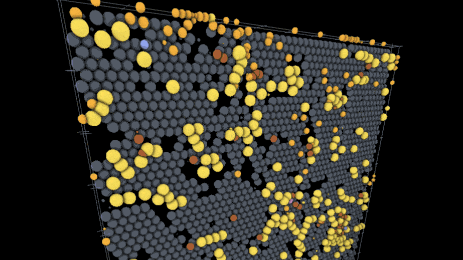 A simulation of SARS-CoV-2 infection on the inner lining of the lung. Gray dots are lung epithelial cells; the other colors are different types of immune cells.