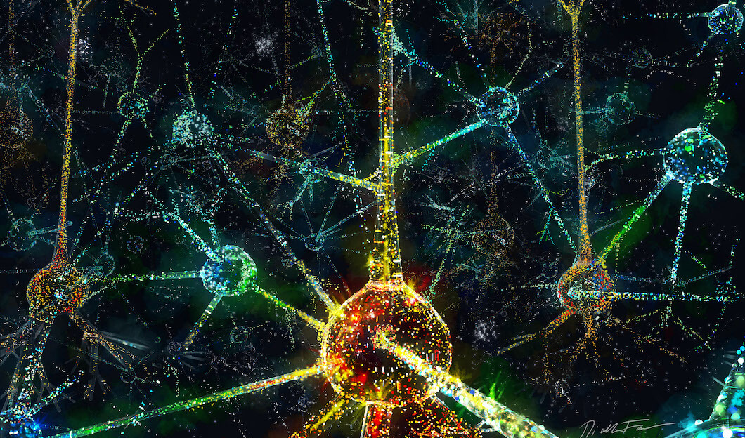 Glowing network nodes with connected pathways in vibrant cyan, green, and yellow lights
