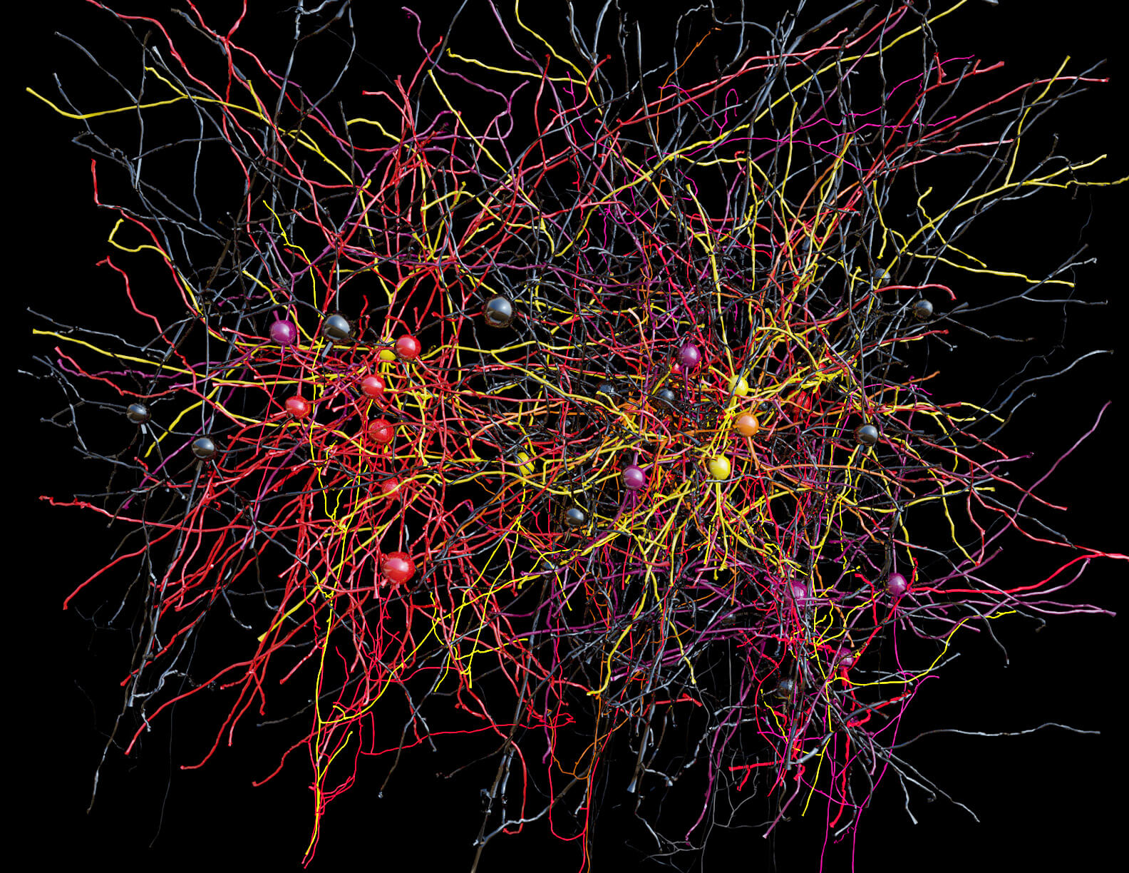 Colorful tangled lines with spheres on black background, abstract network visualization