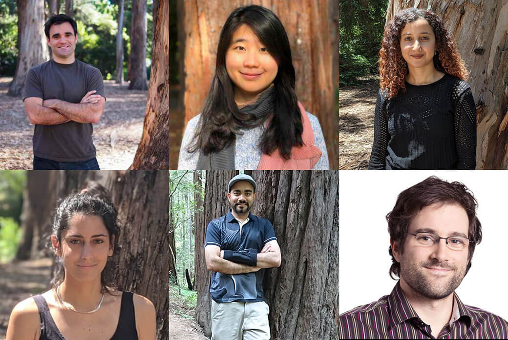 Six people posing for portraits outdoors among trees in a grid layout