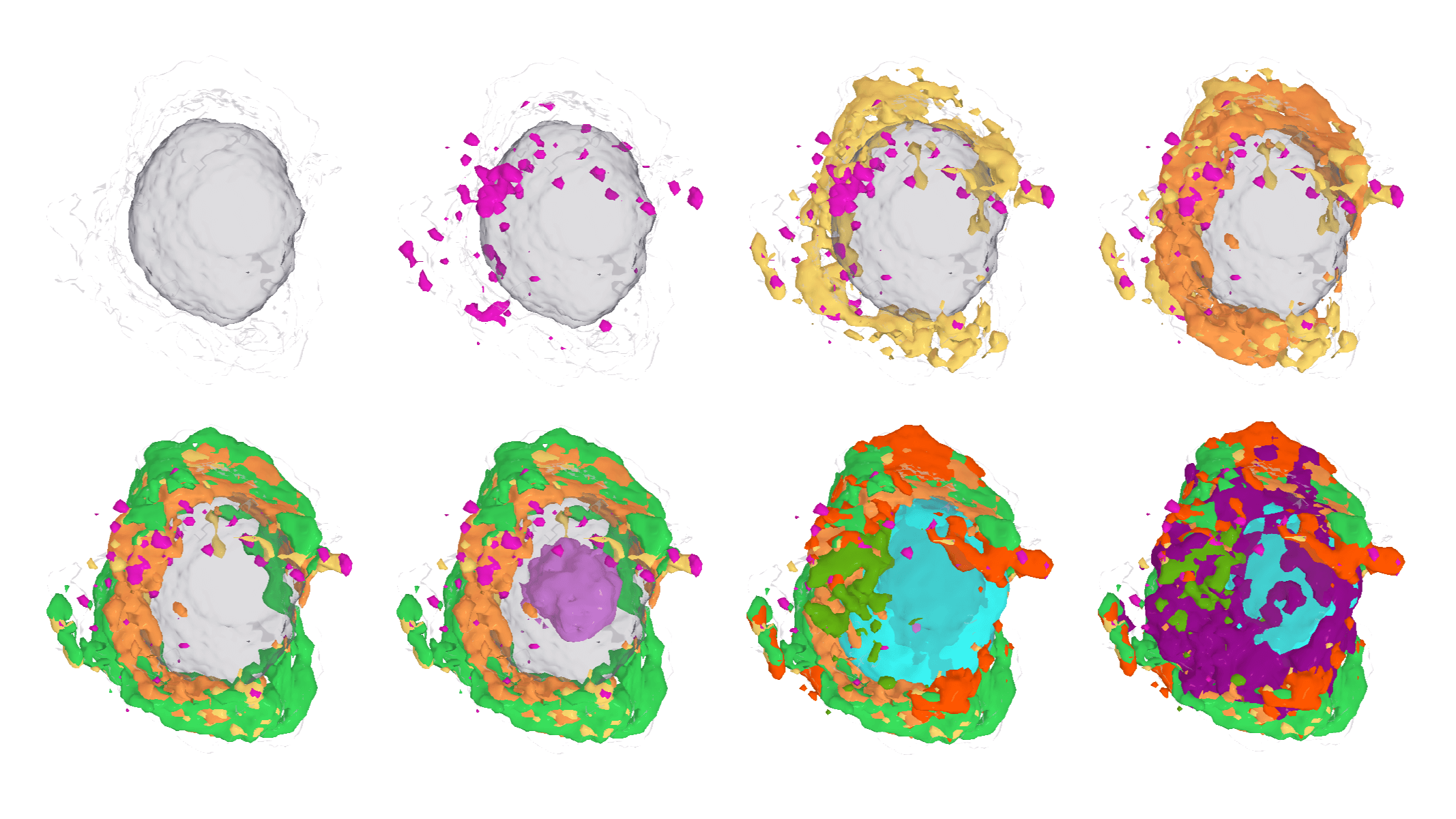 Eight spherical 3D objects showing progression from grayscale to colorful with scattered particles