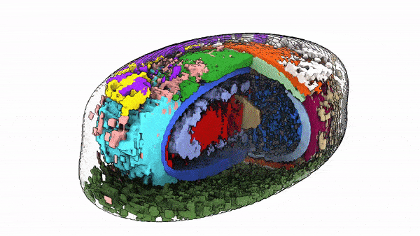 3D colorful voxel model of an oval stone or rock with rainbow pixelated sections
