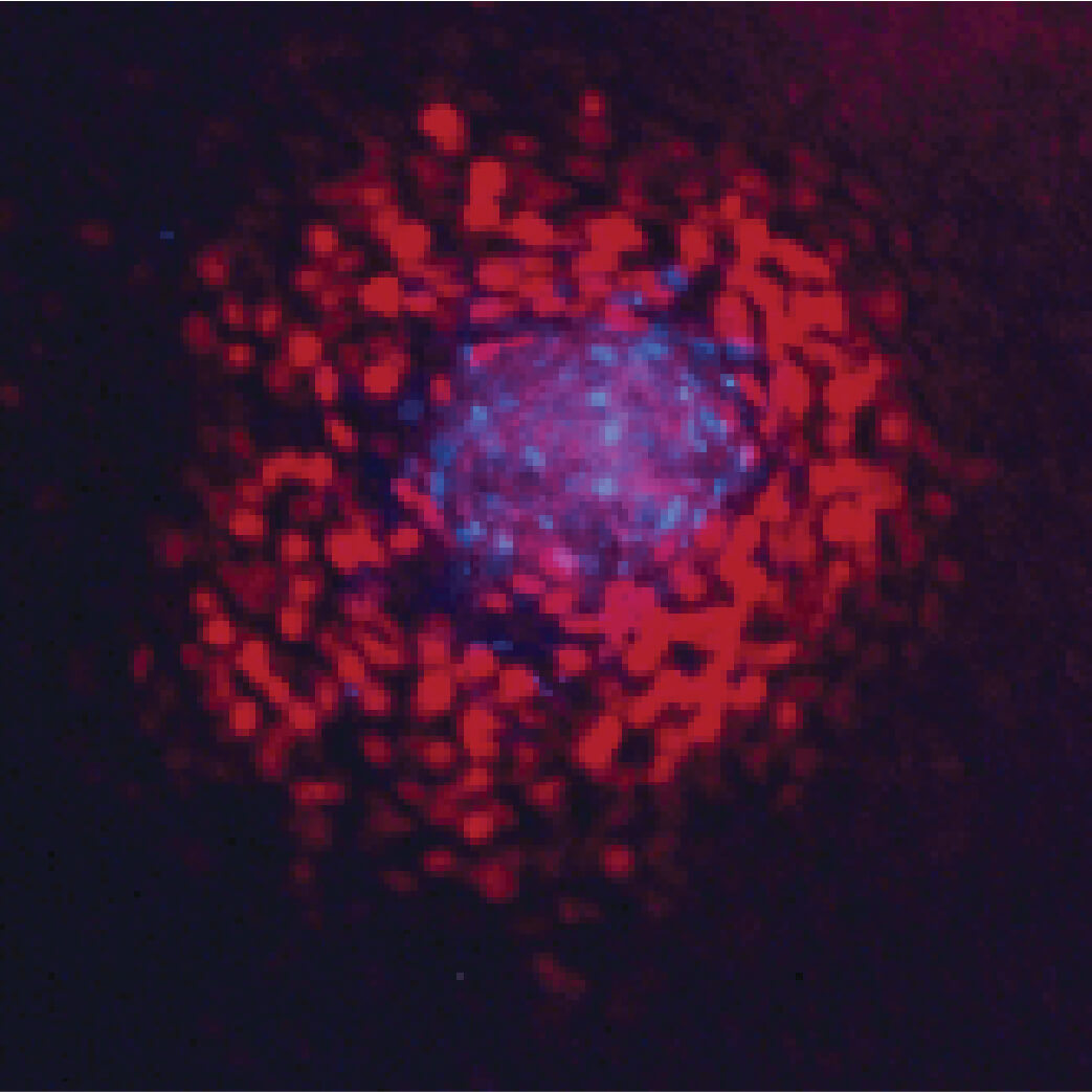 Red and blue pixelated digital orb floating in dark space