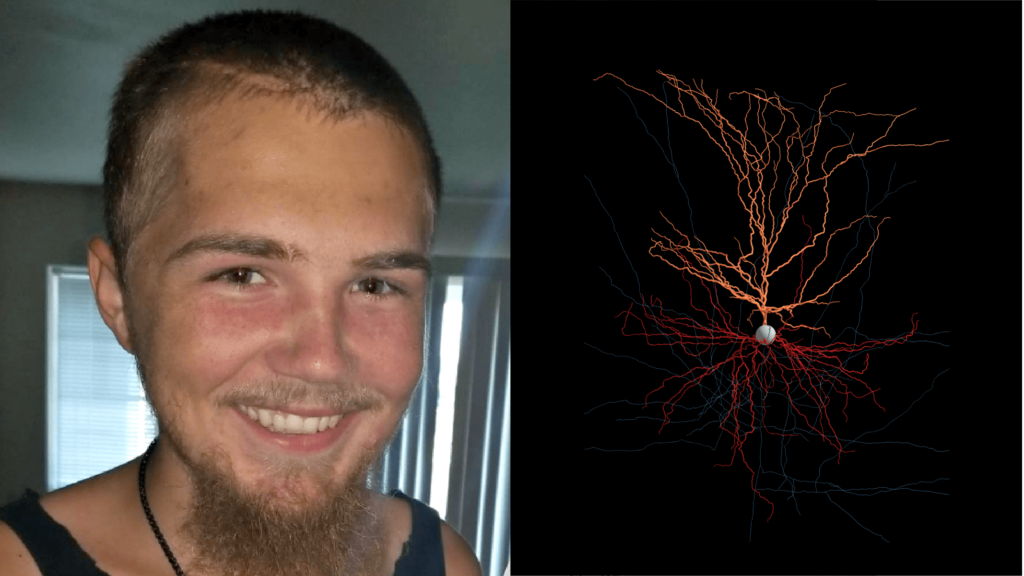Split image: portrait of smiling bearded man on left, red neural network diagram on right