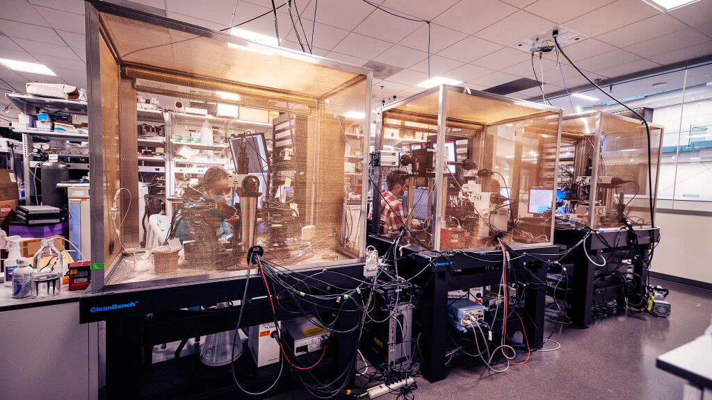 Allen Institute for Brain Science neuroscientists Cristina Radaelli (left) and Brian Kalmbach, Ph.D., take electrical readings from neurons in the electrophysiology lab. The researchers and their colleagues recently made new discoveries about a unique kind of electrical signal generated by a certain type of human neuron.