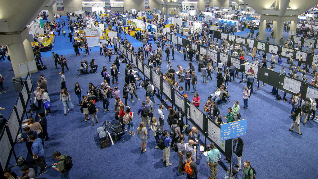 Attendees of the 2018 Society for Neuroscience meeting browse the many scientific posters on display at the conference.