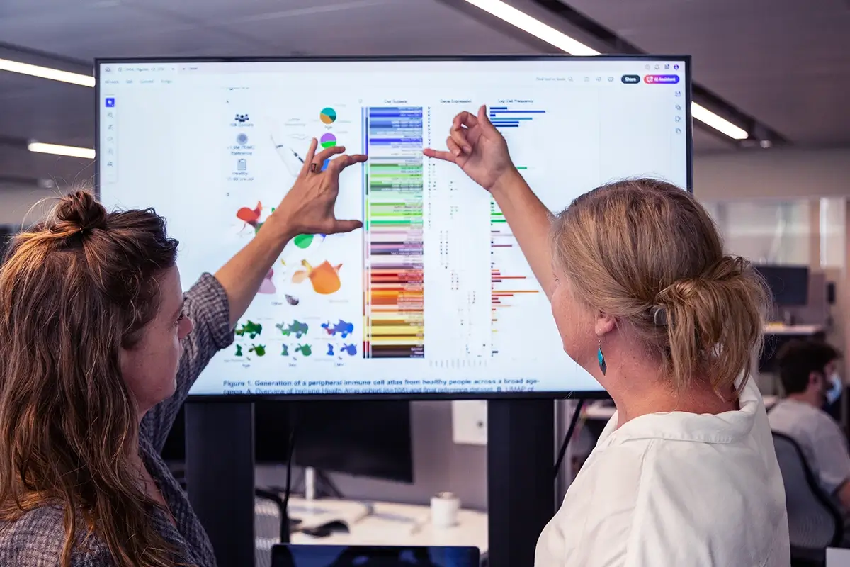 Two women collaboratively examining colorful data visualizations and charts on a large display screen.