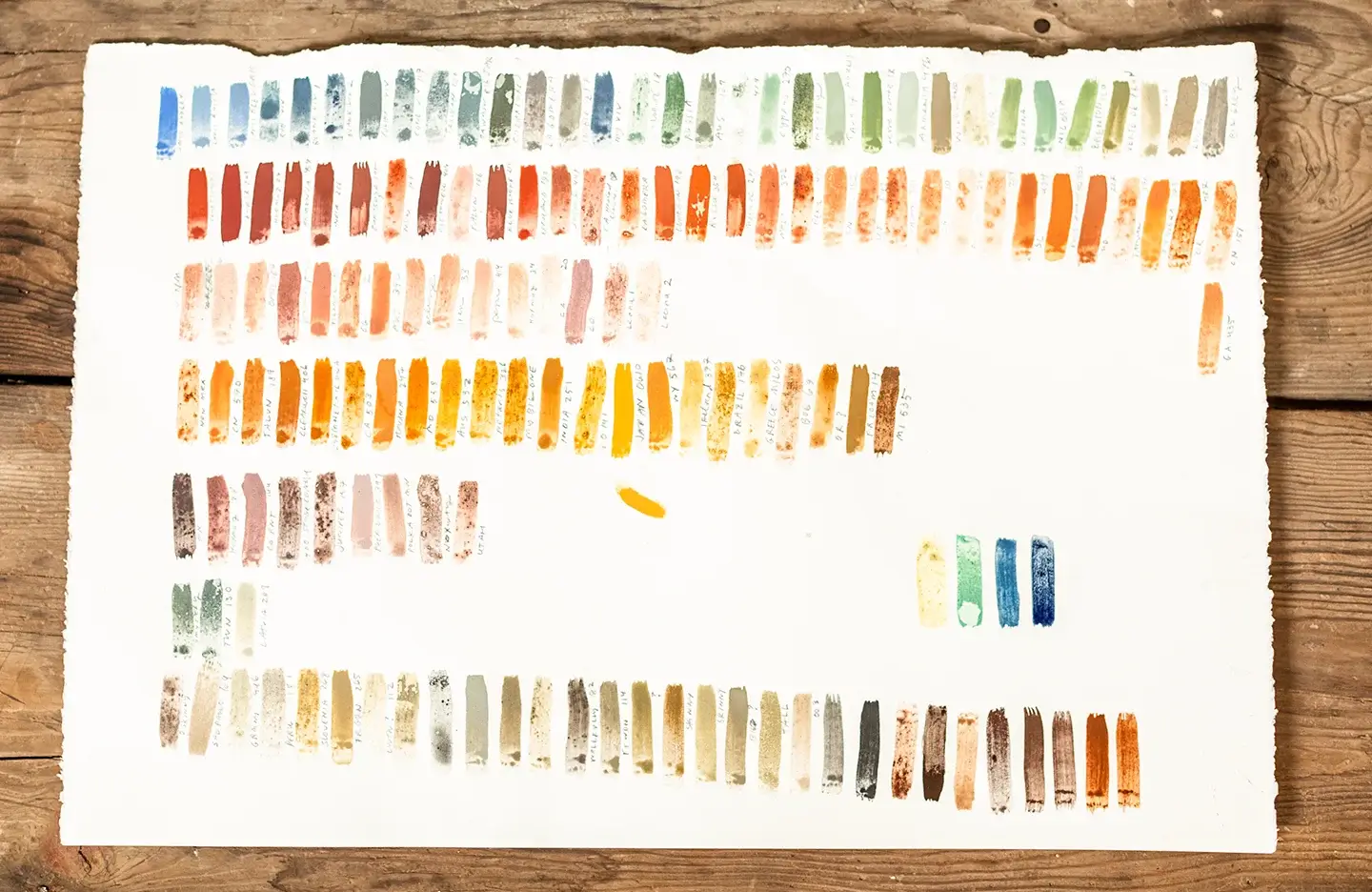 Color palette swatch samples showing watercolor paint strokes in blues, greens, reds, oranges, yellows, and earth tones.
