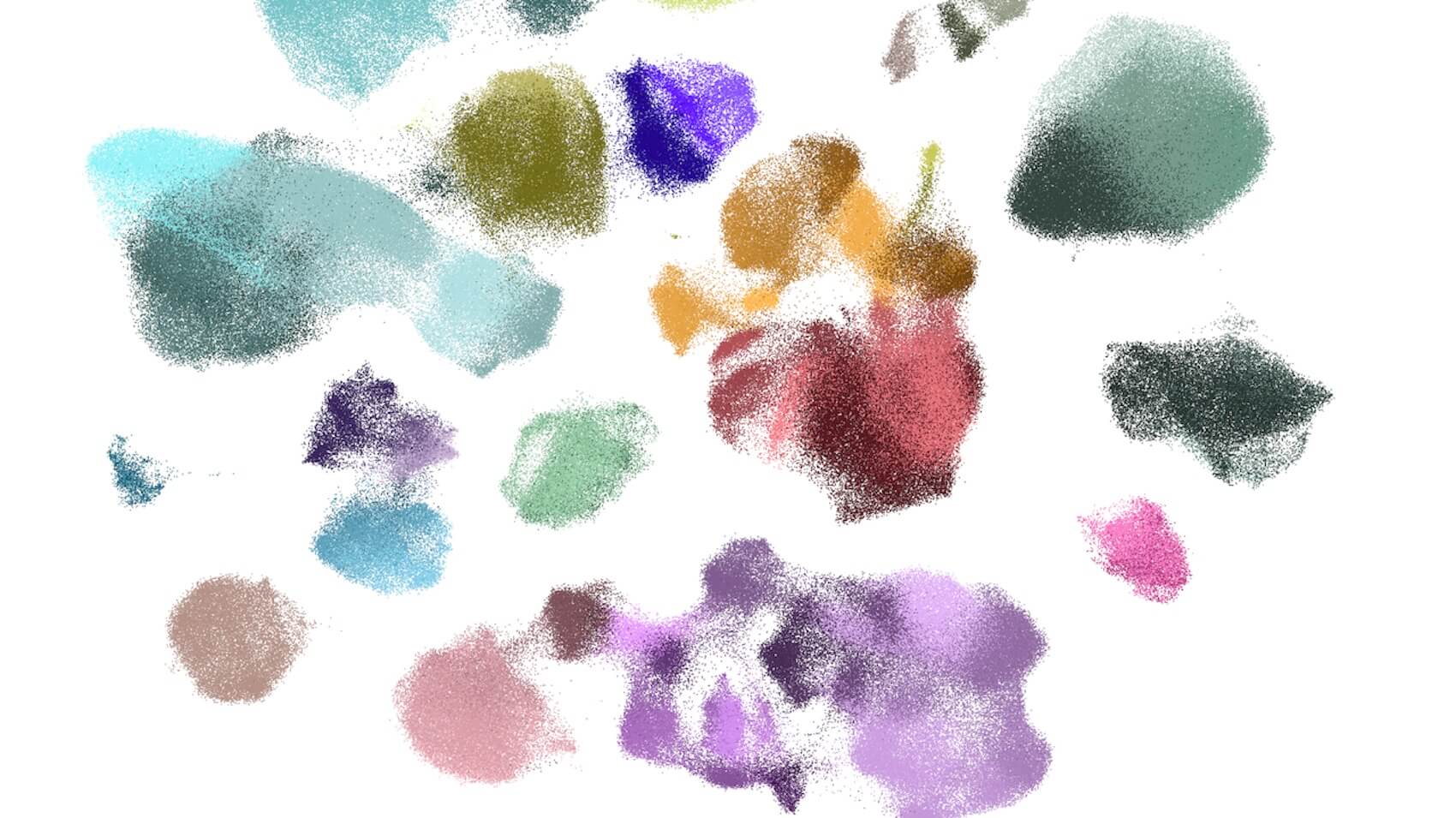 Colorful scattered paint splatters and brush strokes in various colors on white background.