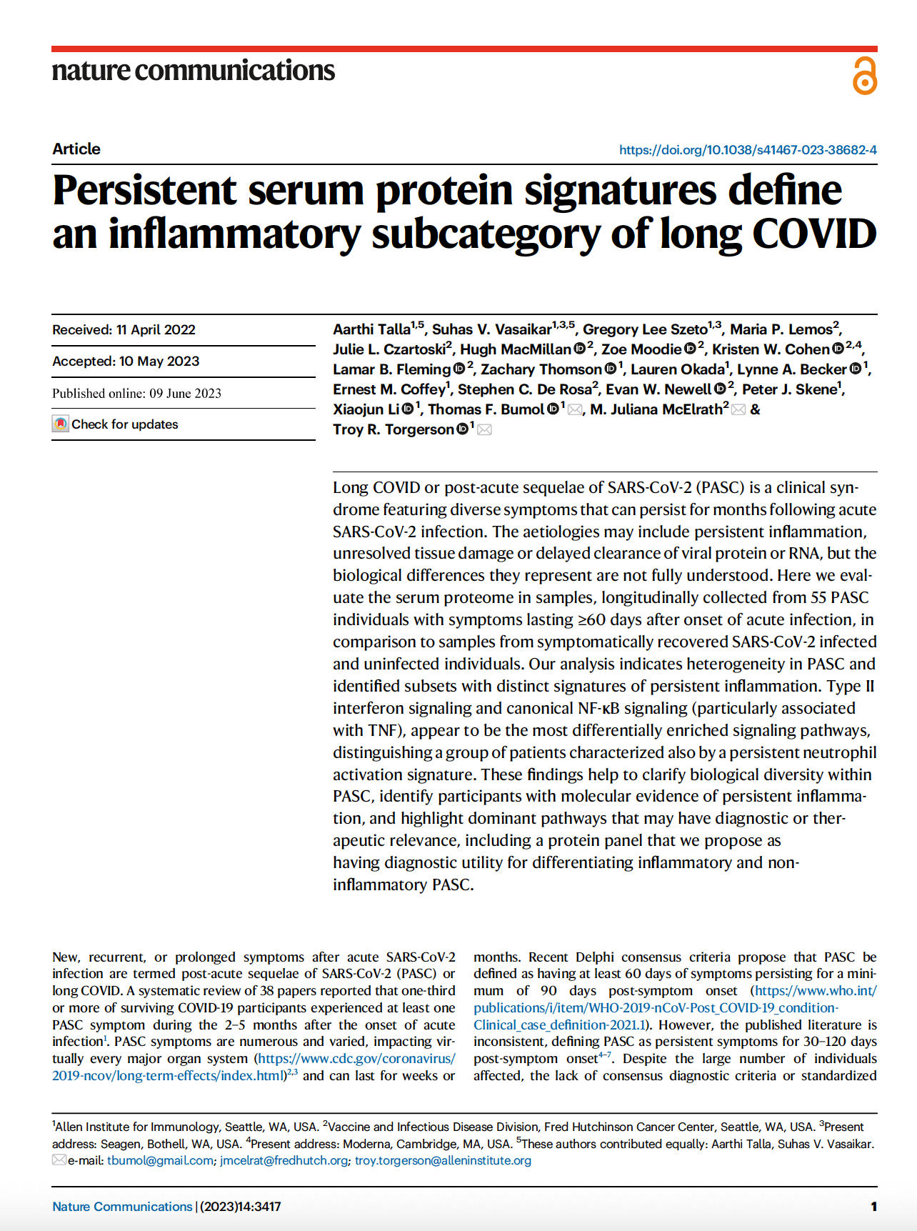 A screenshot of the first page of the Talla et al. 2023 article.