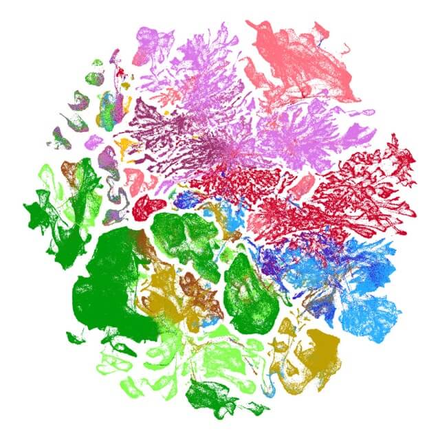 Colorful abstract 3D molecular or protein structure visualization with clustered shapes