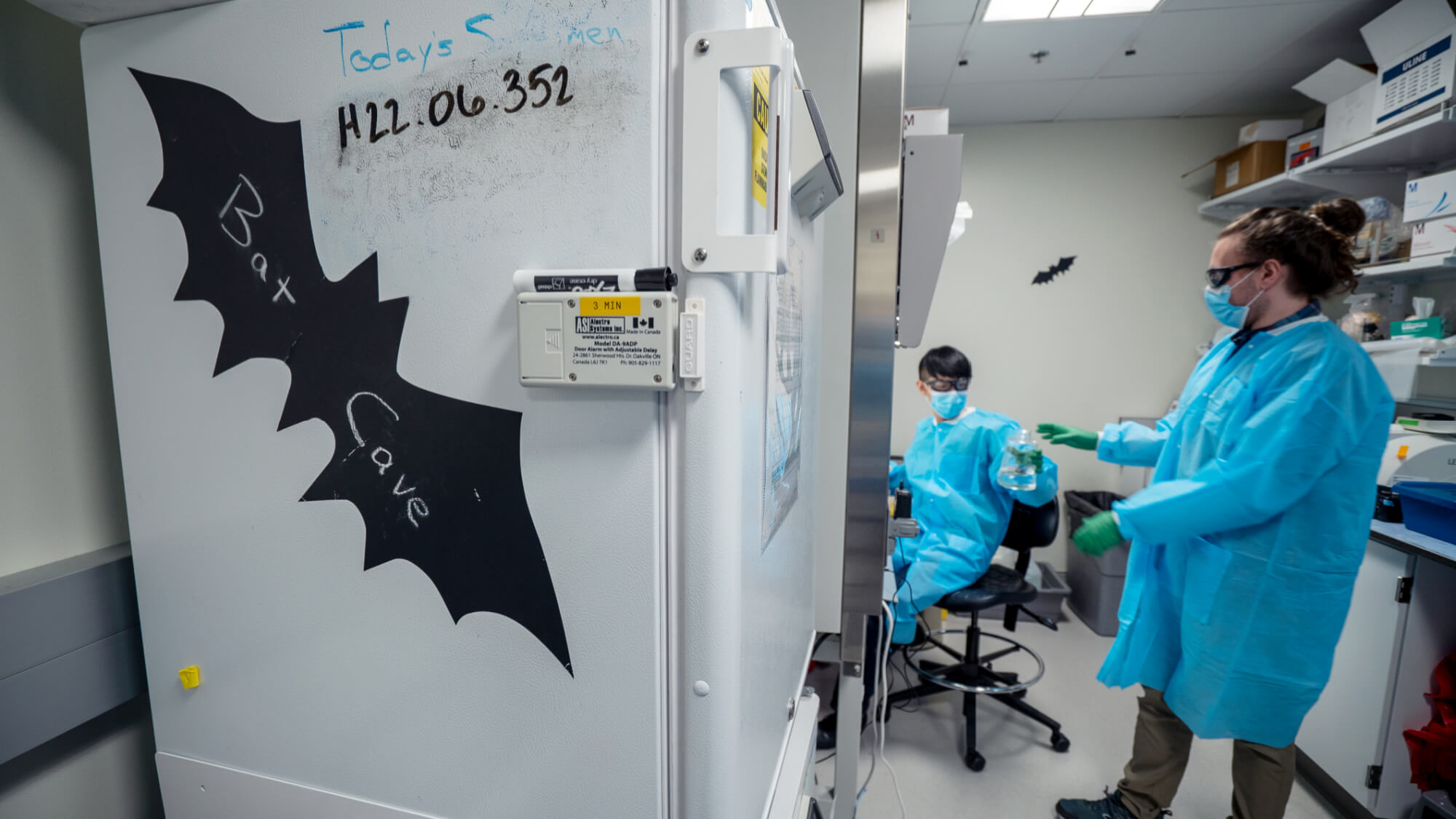 Laboratory workers in protective gear handling samples in a biosafety cabinet with bat silhouette drawings.