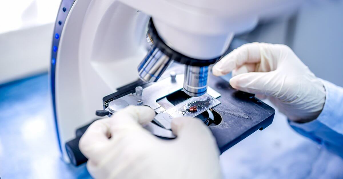 Scientist examining specimen under microscope in laboratory with gloved hands