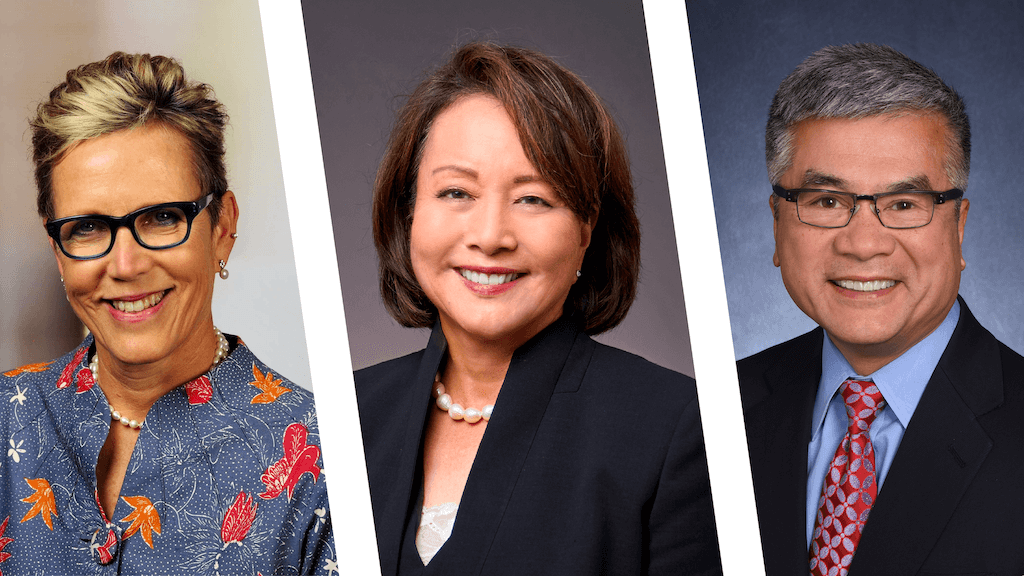 Three professional headshots of smiling adults in business attire against colored backgrounds