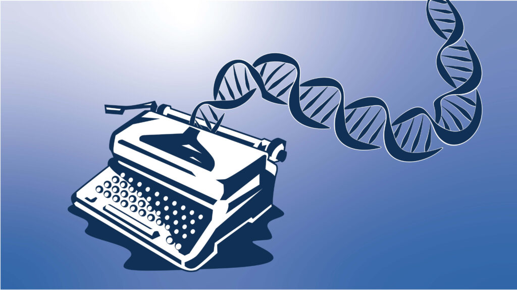 Typewriter with DNA helix emerging from paper on blue background