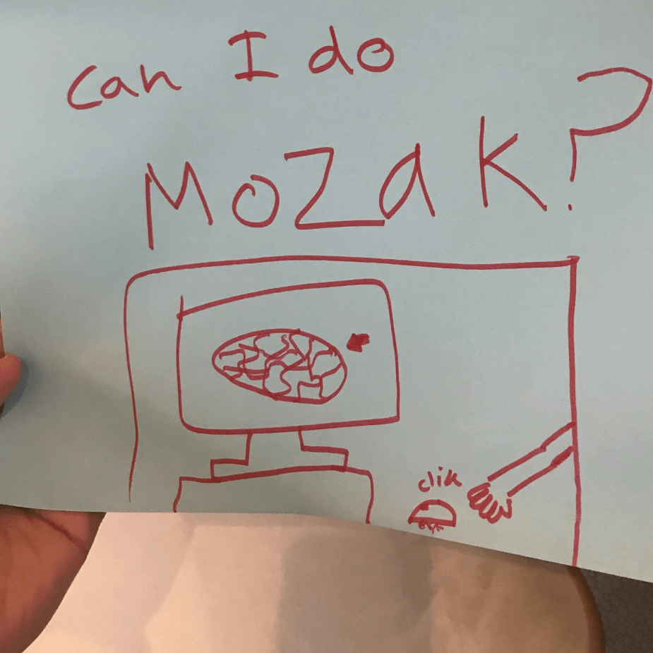 Child's drawing asking "Can I do Mozart?" showing stick figure clicking at computer with brain