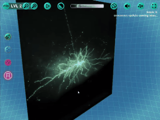 3D green branching neural network structure on dark background with blue grid interface