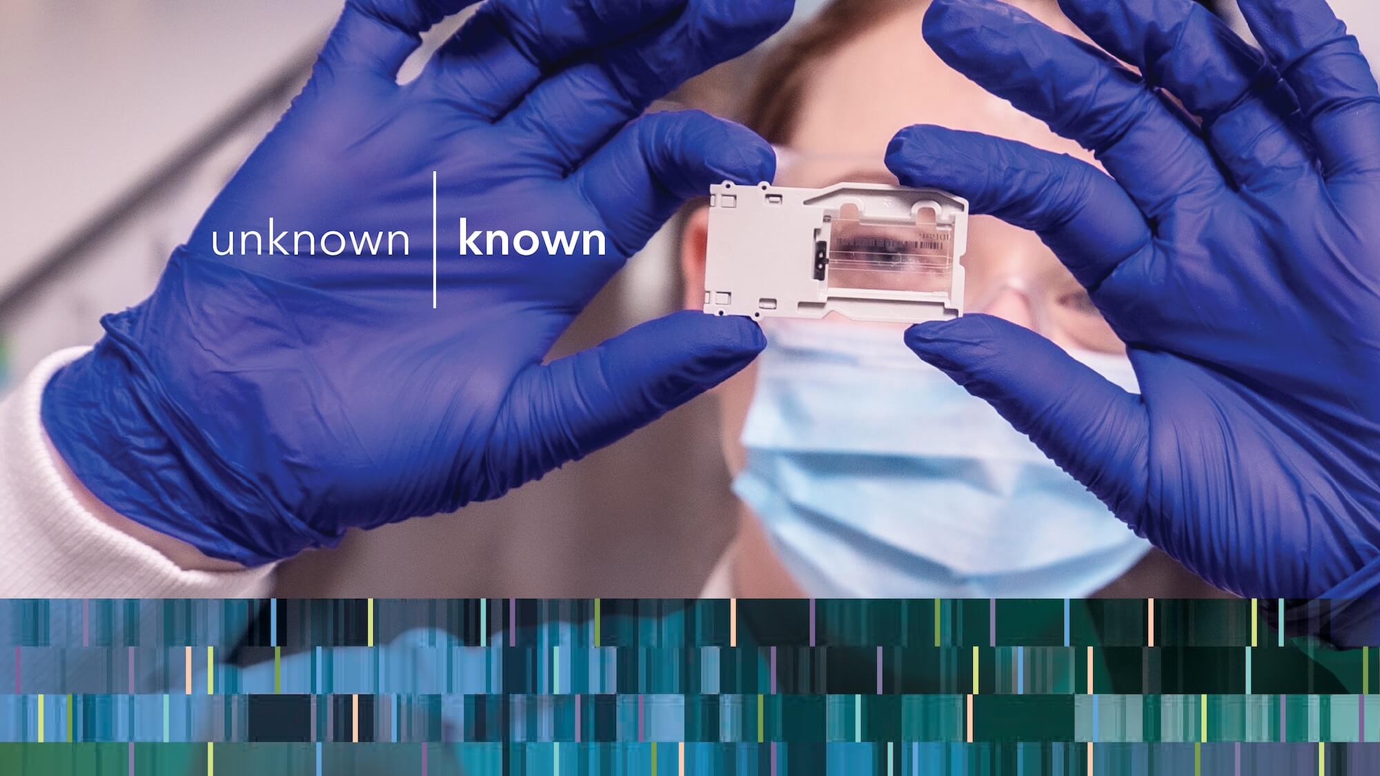 Gloved hands holding DNA sample with unknown known comparison text overlay