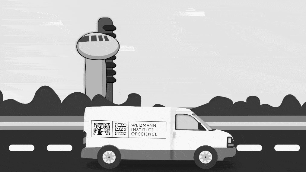 Weizmann Institute van with control tower and airport runway illustration