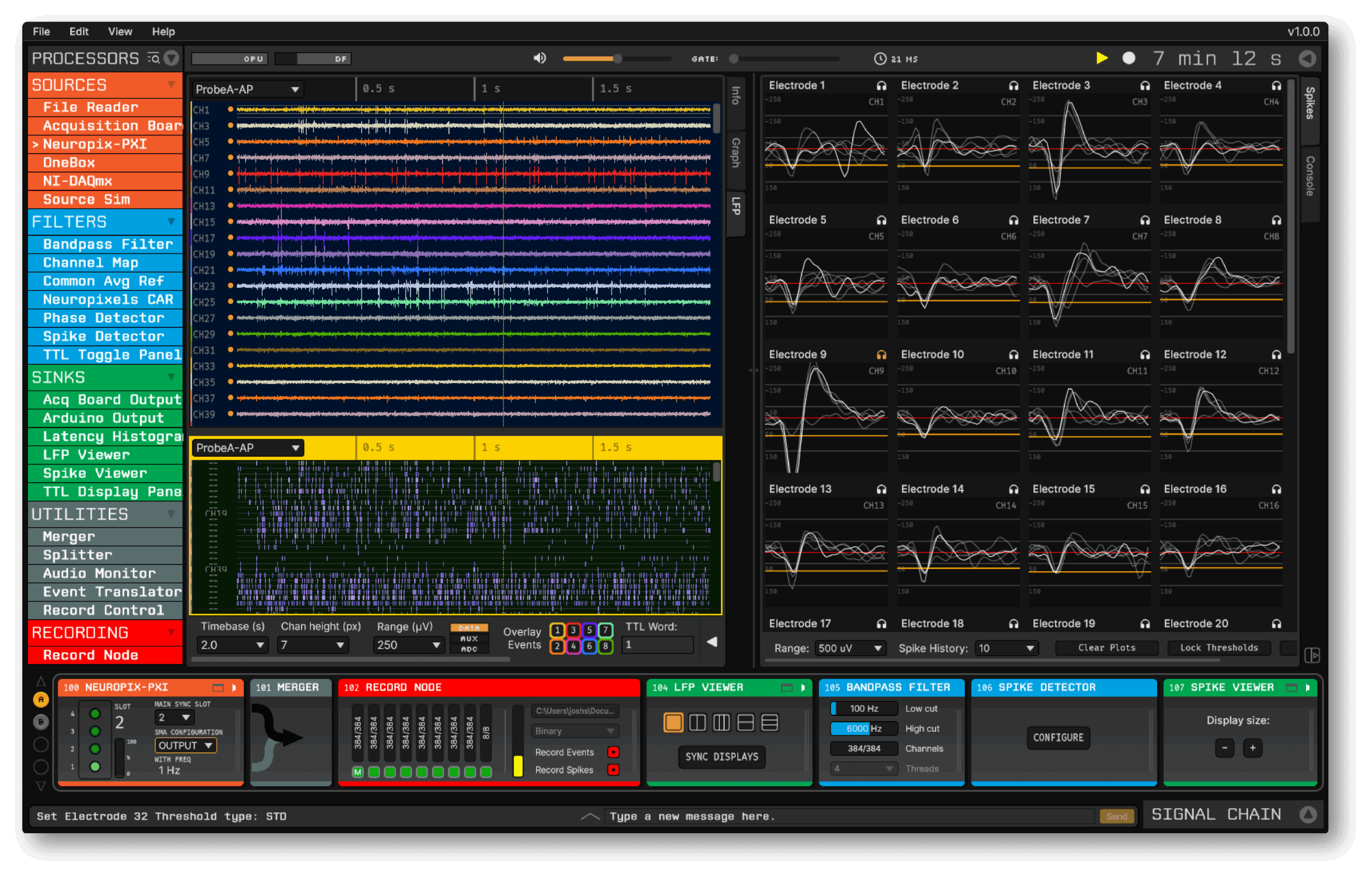 Neuroscience software interface displaying multi-channel electrode recordings and neural signal waveforms analysis