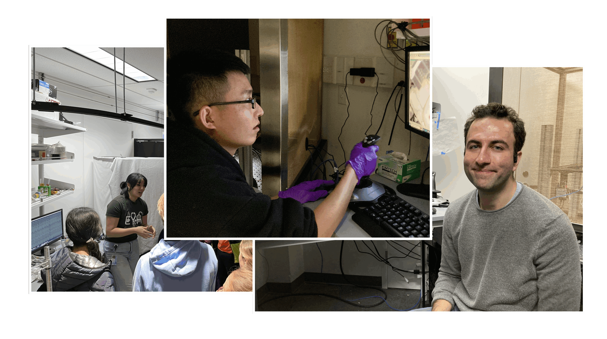 Lab researchers working with equipment and samples in scientific workspace.