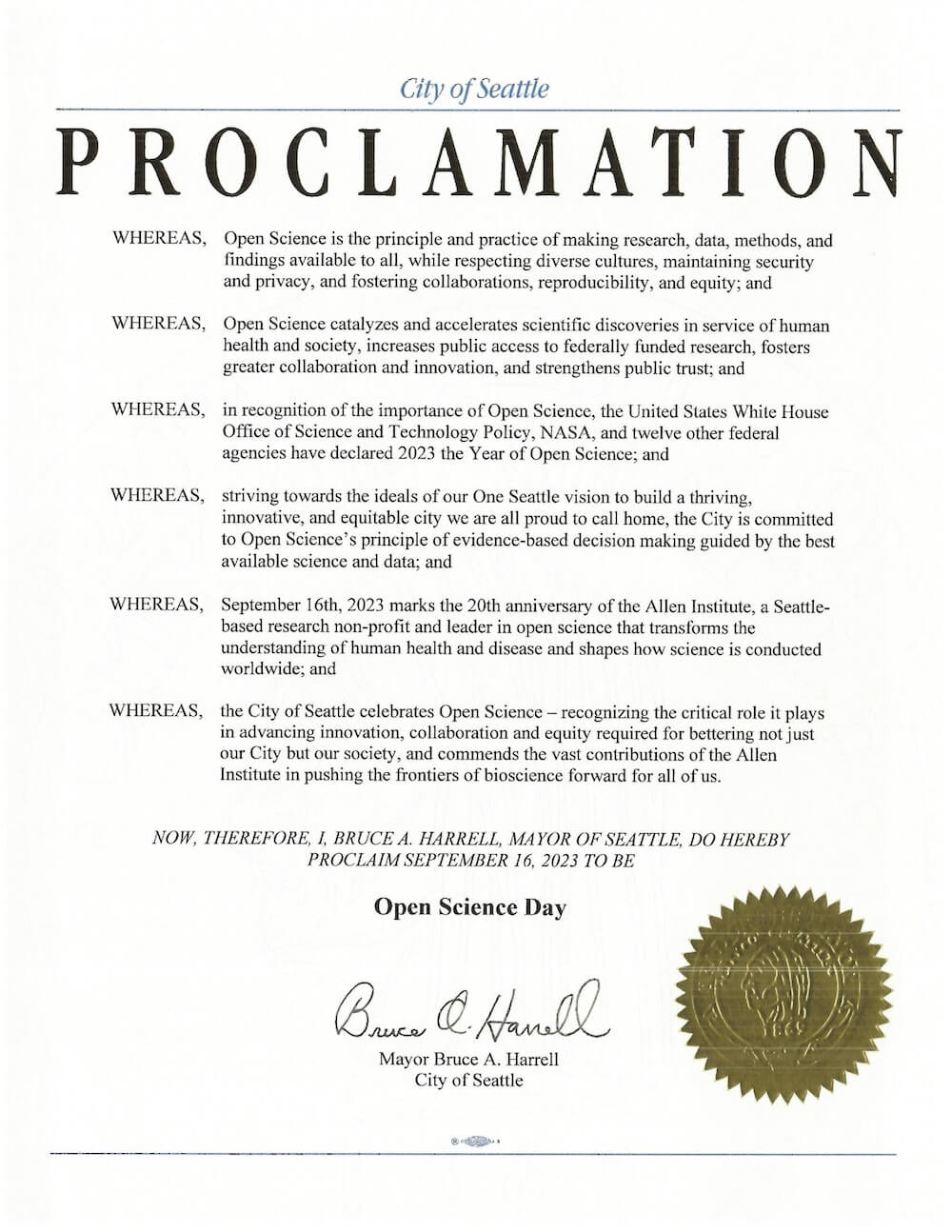 City of Seattle proclamation declaring September 16, 2023 as Open Science Day, signed by Mayor Bruce A. Harrell.