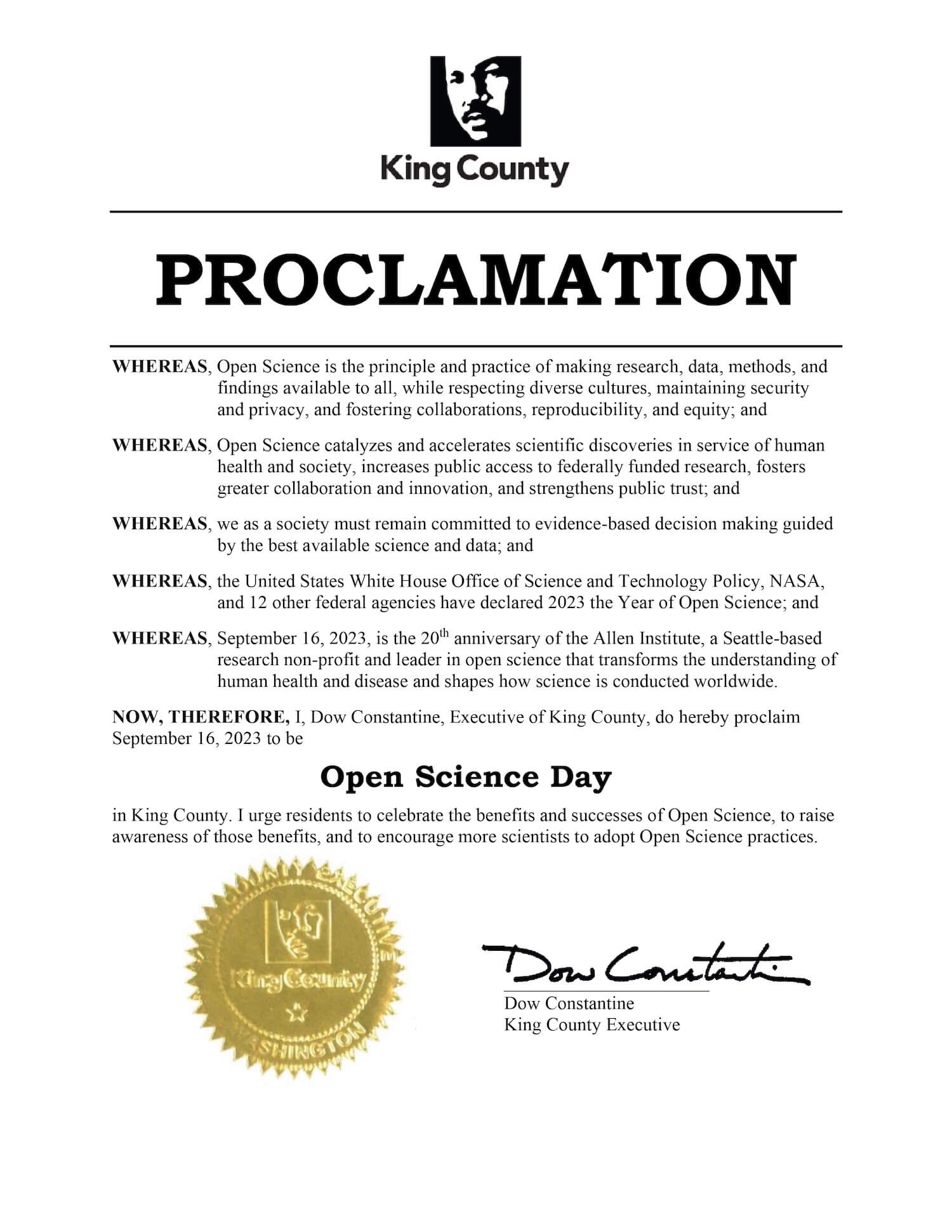 King County proclamation declaring September 16, 2023 as Open Science Day