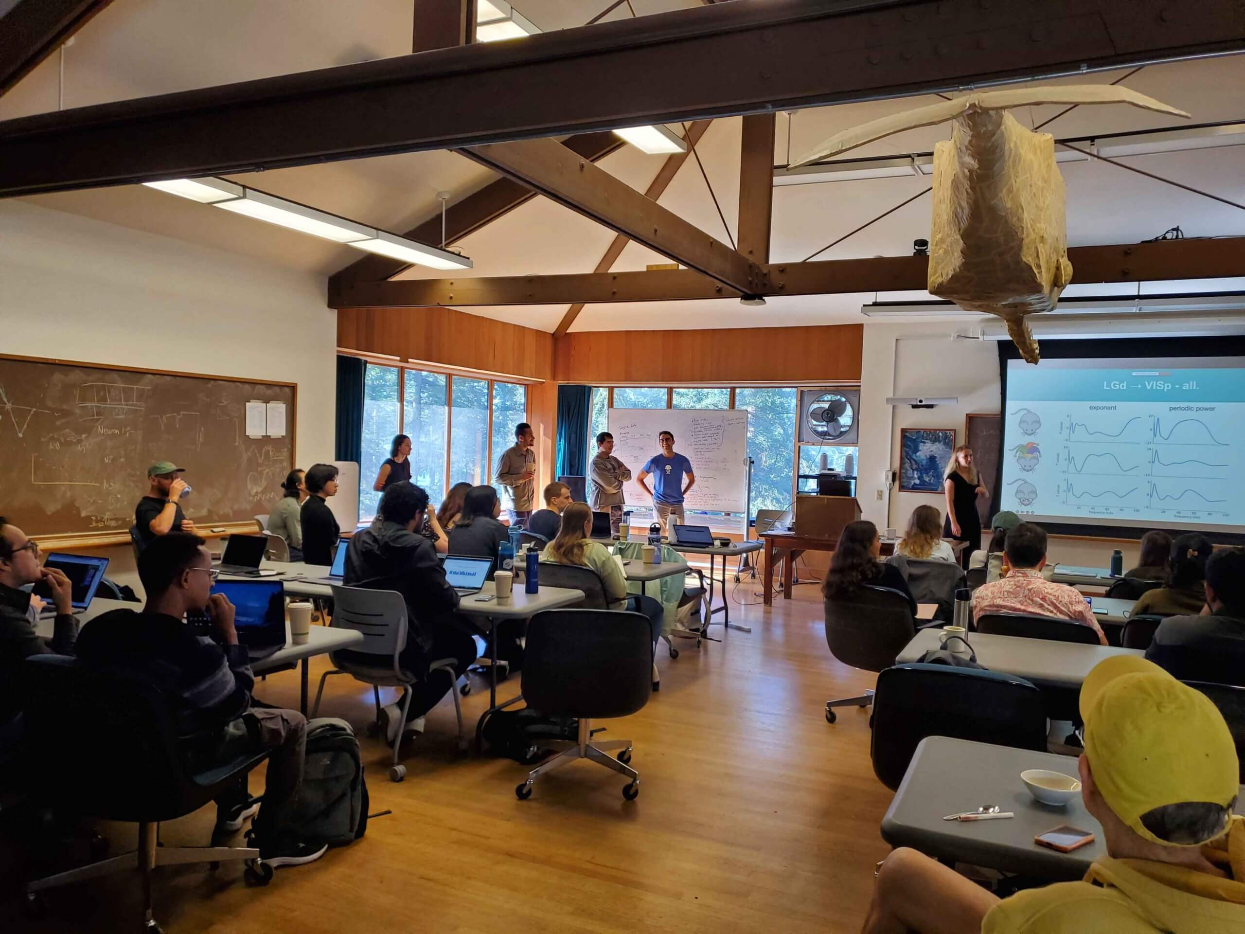 Students in classroom with exposed wooden beams attending presentation with whiteboards and projector screen