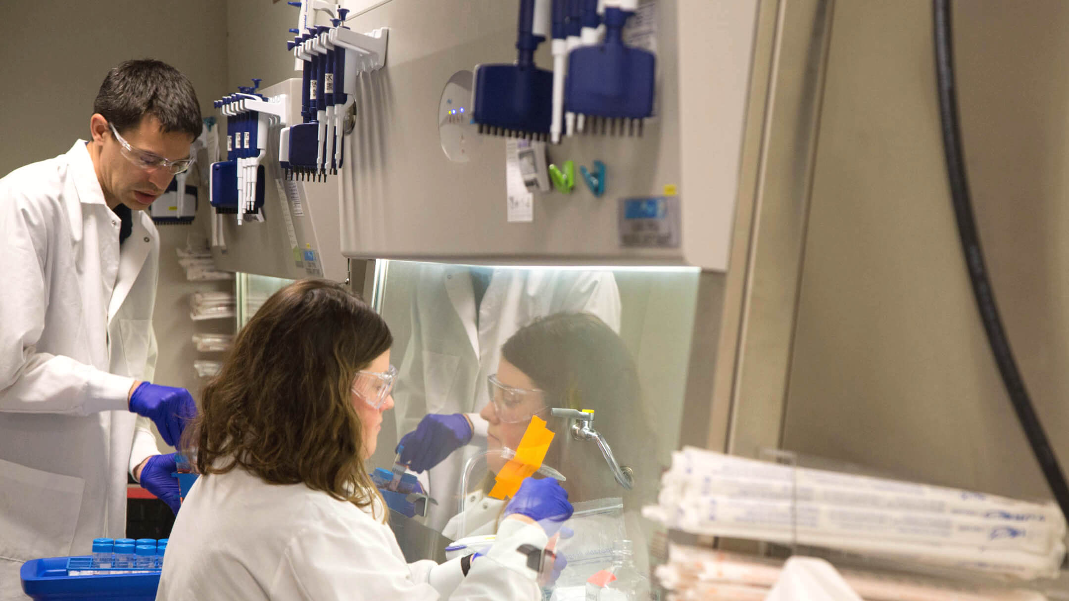 Scientists in lab coats and purple gloves working in laboratory with equipment.