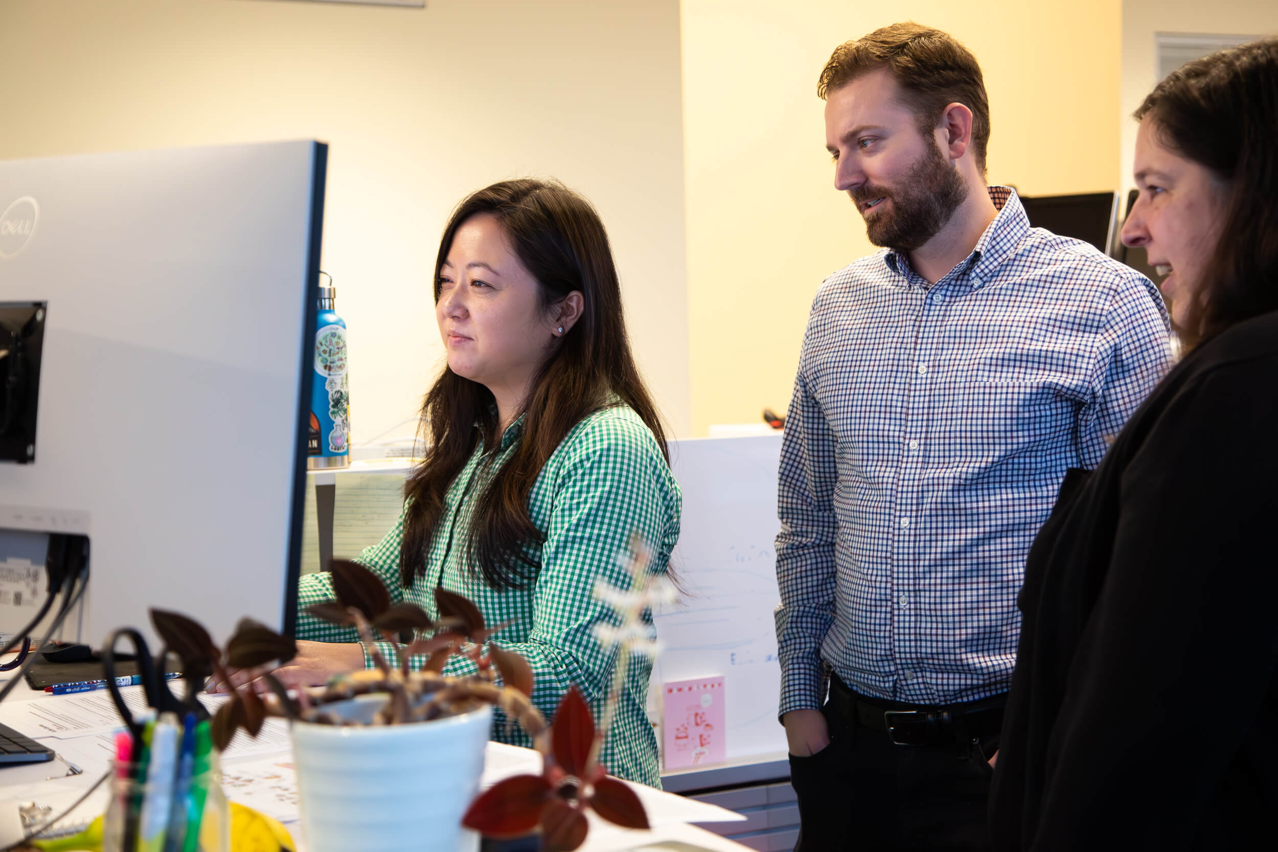 Three colleagues collaborate at computer workstation in bright office environment.