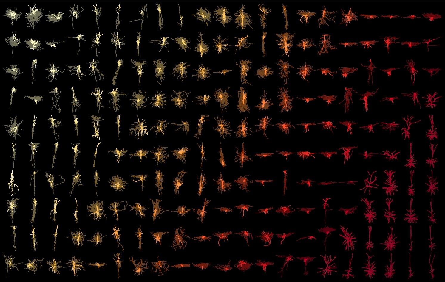 Collection of abstract spark and explosion effects transitioning from white to orange to red.