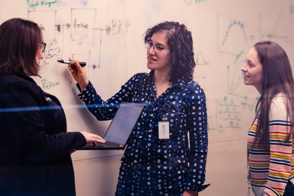 Three women collaborating on whiteboard during business brainstorming meeting