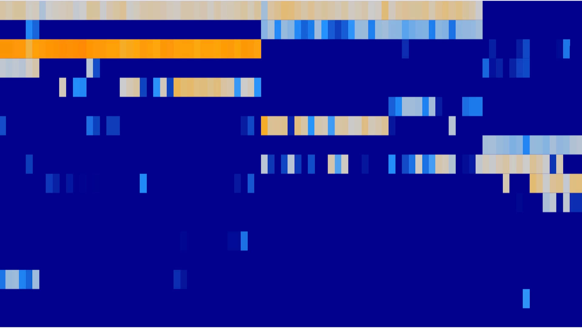 Abstract pixelated pattern with blue, orange, and tan colored blocks on dark blue background