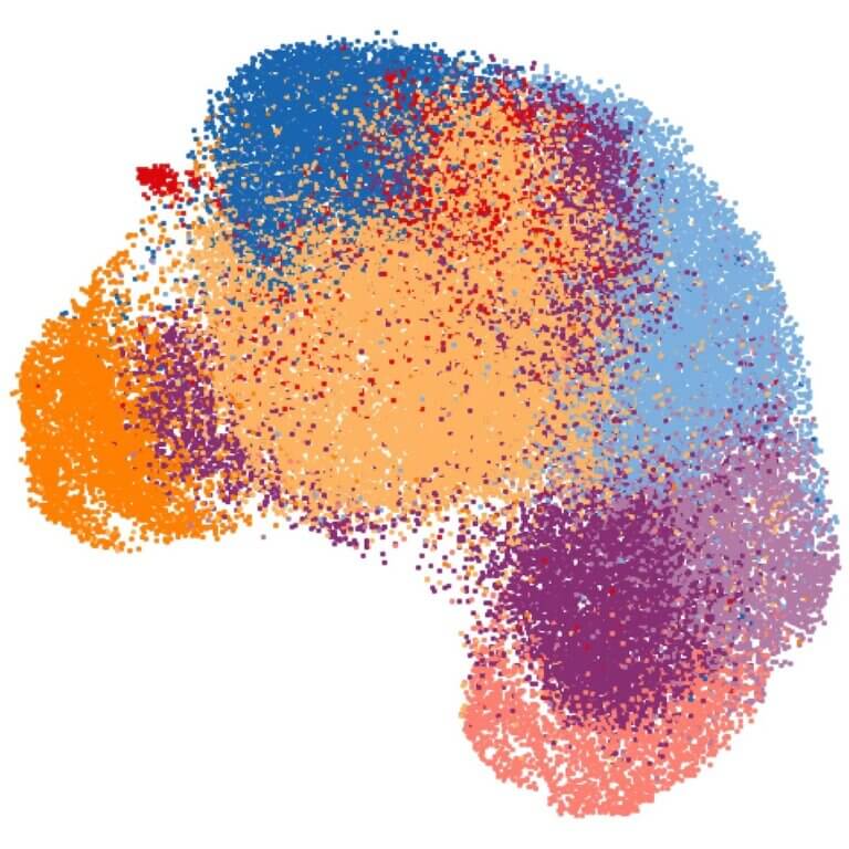 Colorful pixelated Africa map with blue, orange, purple, and red gradient particles.