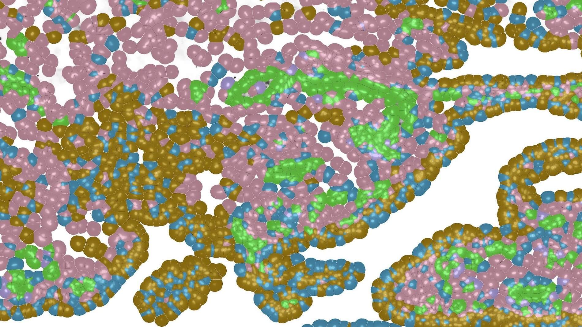 Colorful 3D spheres in pink, green, blue, and gold forming abstract clusters.