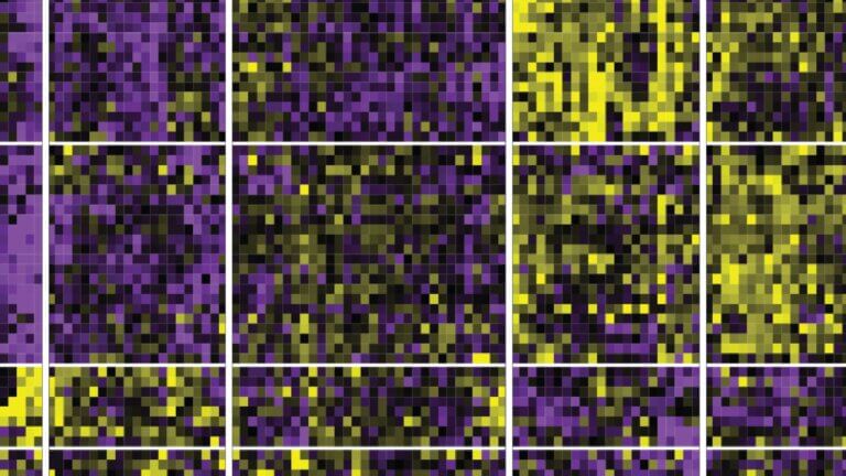 Pixelated grid pattern with purple, yellow, and black square tiles