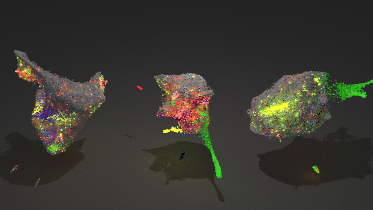 Three colorful particle maps of India showing regional data distribution in red, yellow, green, and blue.